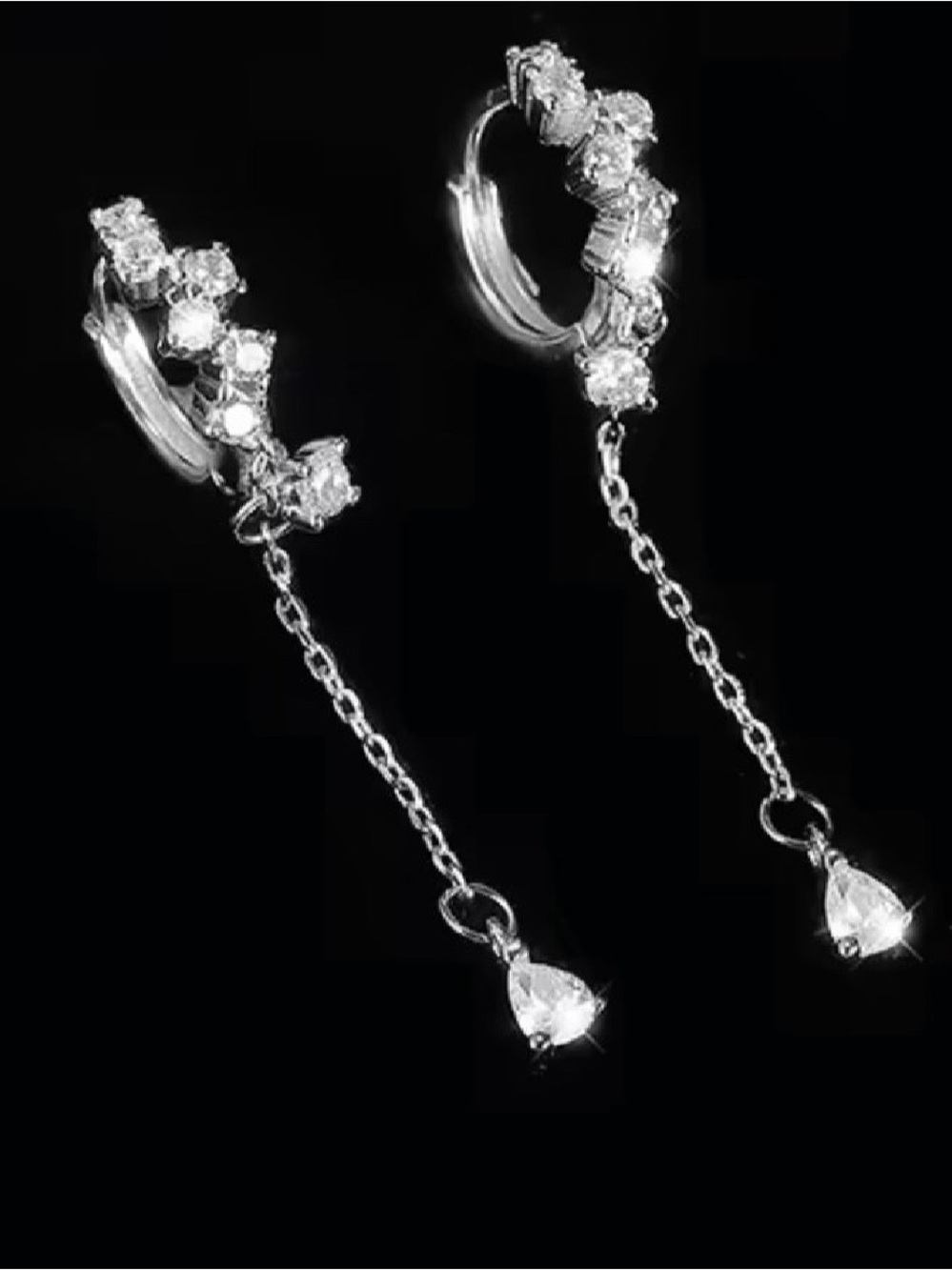 Silver Crystal Drop Chain Hoop Earrings - Women Jewelry